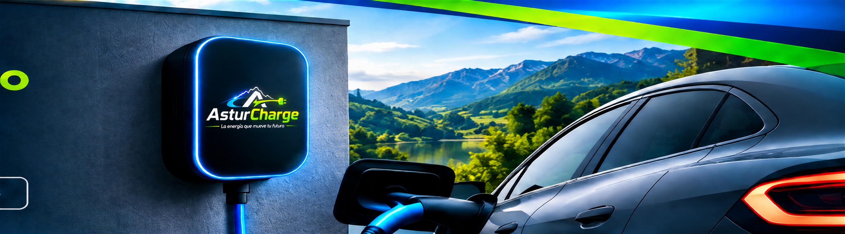 Cargador eléctrico y vehículo frente a un paisaje montañoso
